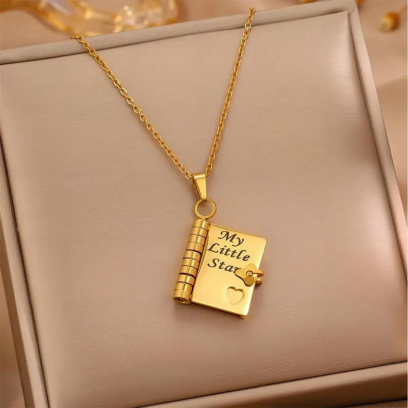 Stainless Steel My Little Star Engrave Book Pendant Necklace for Daughter Love Openable with 7 Pages Gift Women'S Sweater Chain