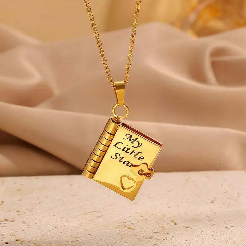 Stainless Steel My Little Star Engrave Book Pendant Necklace for Daughter Love Openable with 7 Pages Gift Women'S Sweater Chain
