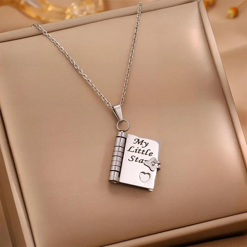 Stainless Steel My Little Star Engrave Book Pendant Necklace for Daughter Love Openable with 7 Pages Gift Women'S Sweater Chain