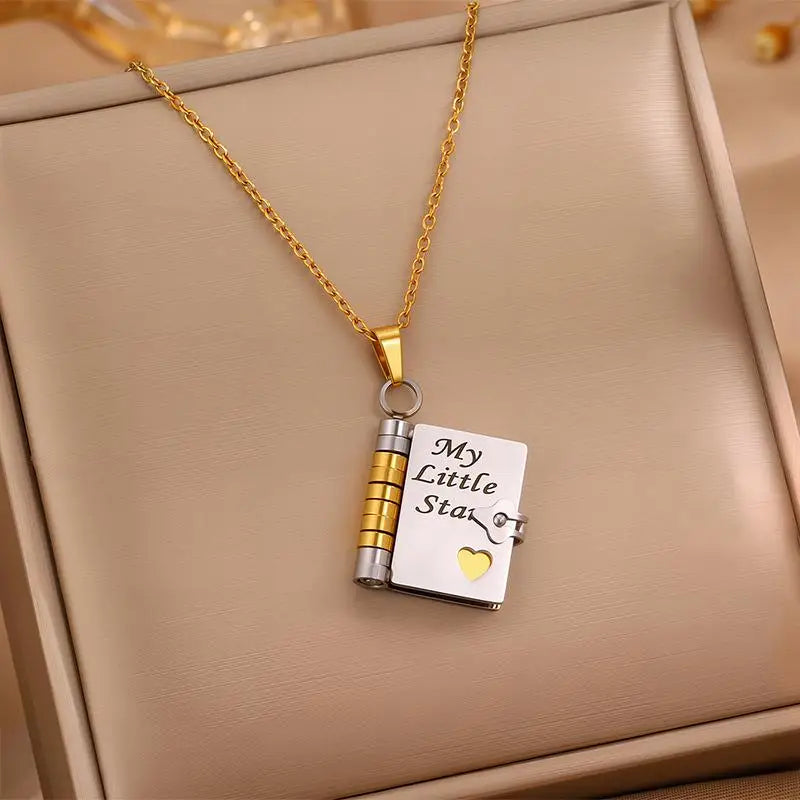 Stainless Steel My Little Star Engrave Book Pendant Necklace for Daughter Love Openable with 7 Pages Gift Women'S Sweater Chain