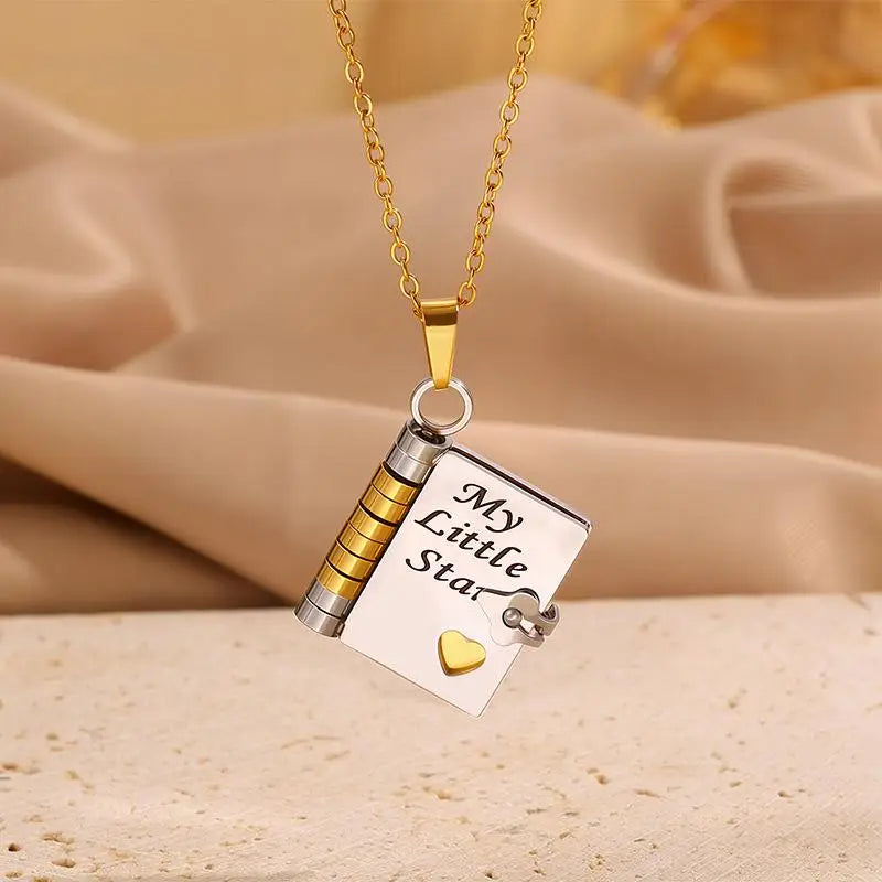 Stainless Steel My Little Star Engrave Book Pendant Necklace for Daughter Love Openable with 7 Pages Gift Women'S Sweater Chain