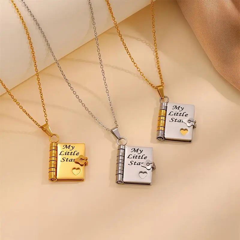 Stainless Steel My Little Star Engrave Book Pendant Necklace for Daughter Love Openable with 7 Pages Gift Women'S Sweater Chain